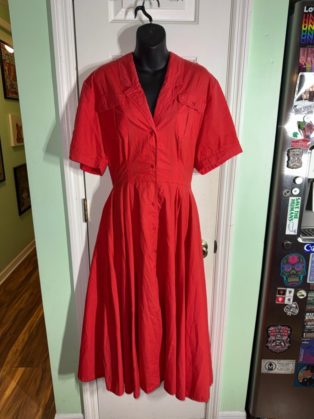 Ms. Chaus Red Vintage 80s Button-Front Midi 100% Cotton Fit n Flare A Line Dress